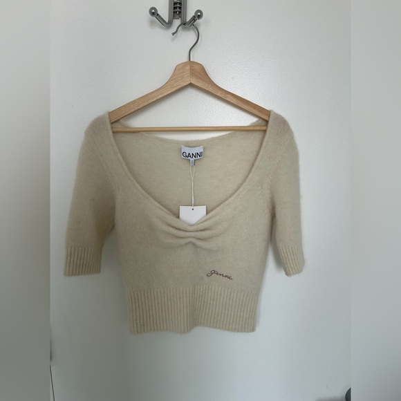 Ganni Women’s White Brushed Alpaca Top S – Soft, Cozy, Elbow Sleeve, NWT - Picture 2 of 3